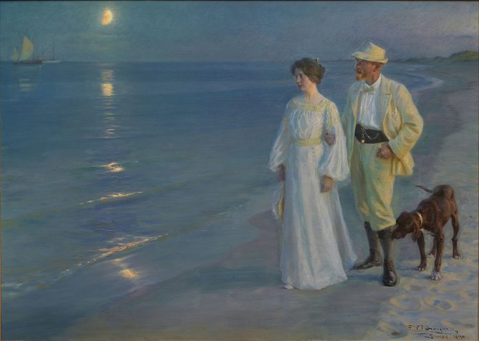 Art and culture in Denmark - Summer evening at Skagen beach. Painting by danish artist O. S. Krøyer, 1899