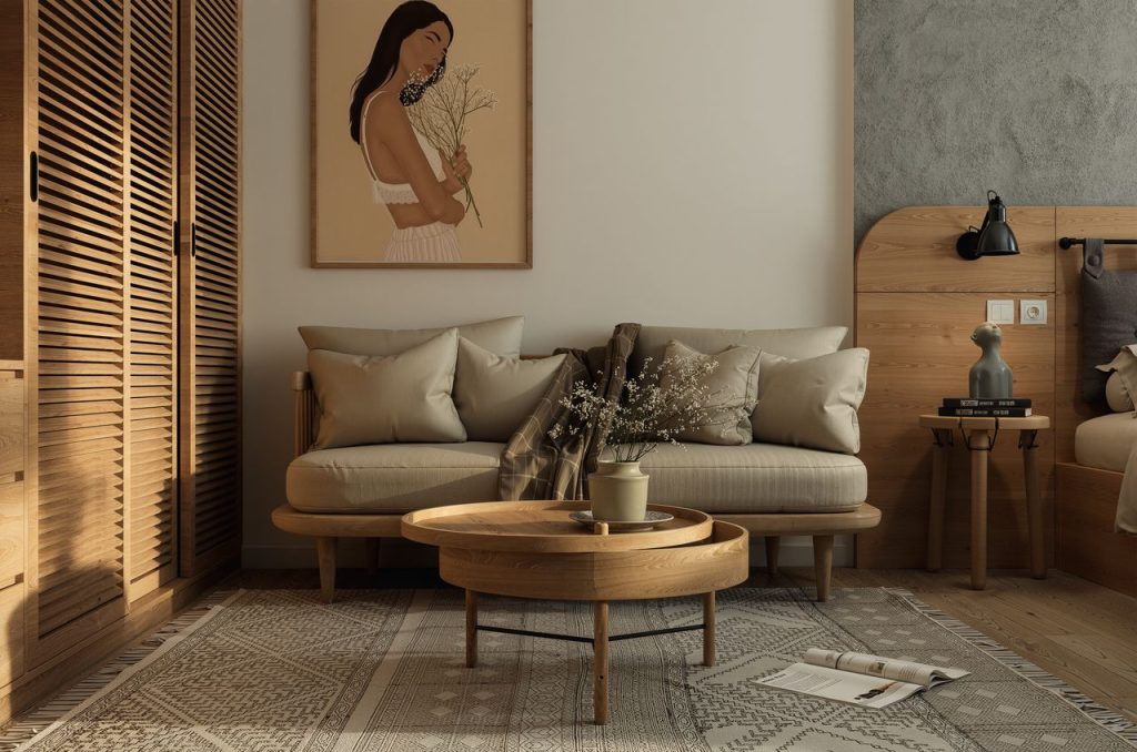 a minimalist living room with wooden furniture and art decor